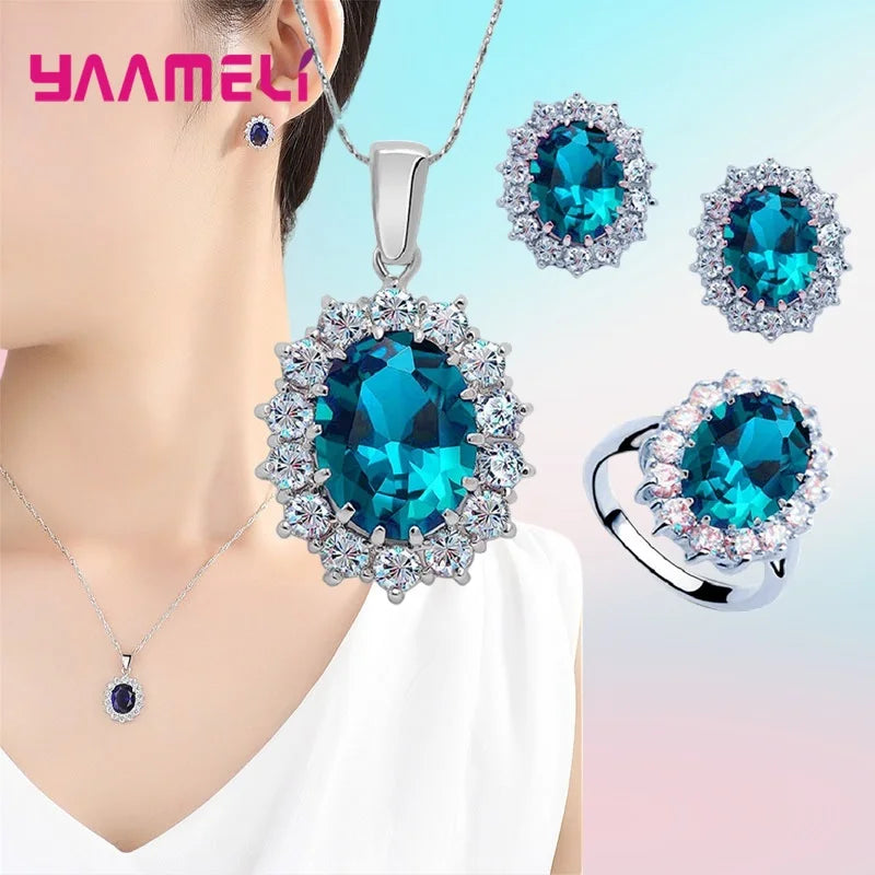 Authentic 925 Sterling Silver Plated Women Wedding Engagement Jewelry Sets Princess Oval Zircon Crystal Necklace Earrings Ring