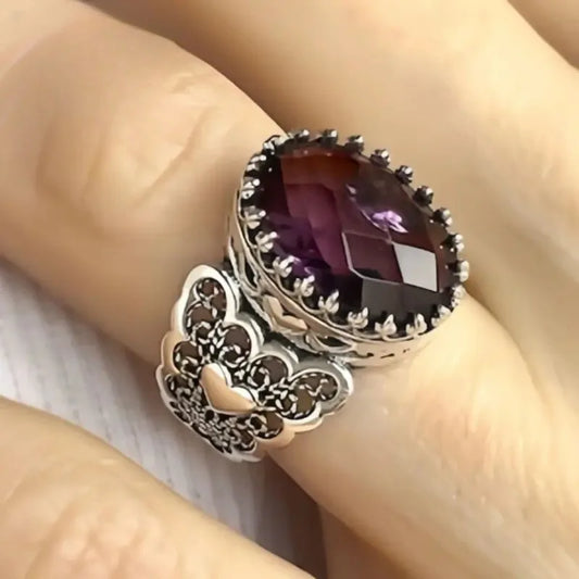 Vintage Silver Color Rings for Women Trendy Inlaid with Purple Stone Round Flower Personalized Creativity Party Rings Jewelry