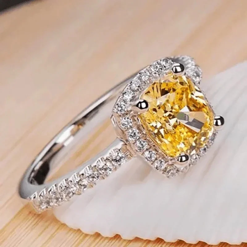 New Elegant Yellow Cubic Zirconia Women Rings Luxury Wedding Anniversary Party Lady's  Accessories Bright Fashion Jewelry