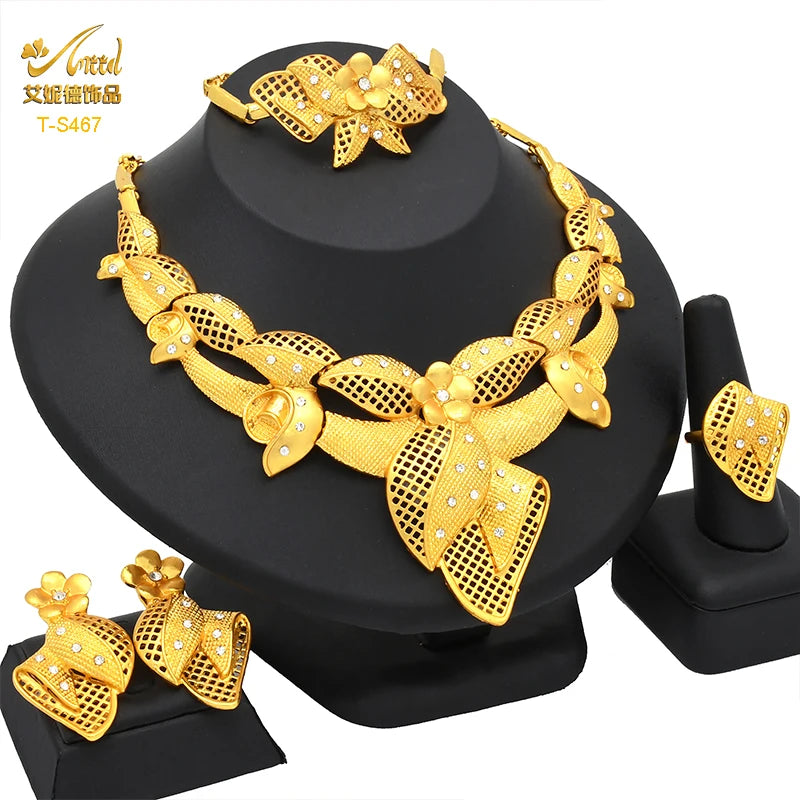 ANIID Luxury Indian Jewelry Sets for Women Party Dubai 24K Gold Color Necklace Set African Wedding Traditional Jewelry Gifts