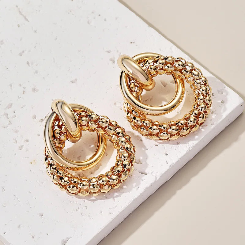 Women Earrings Big Shiny Double Rings Ear Studs Cool Round Metal Eardrop Self-confident Beauty Fashion Jewelry Accessory