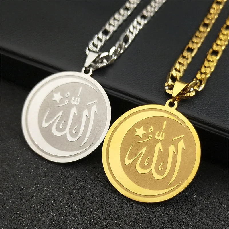 Muslim Islamic Quran Allah Crescent Moon Star Pendant Necklaces Stainless Steel Religious Amulet Ramadan Festival Jewelry