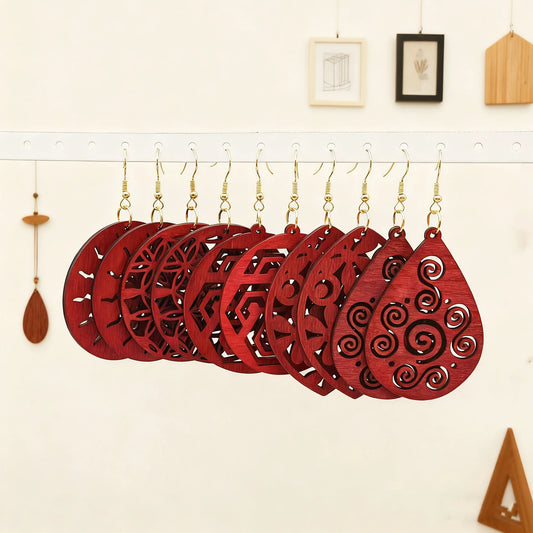 5 Pairs of Trendy, Retro Red Wood Hollowed-Out Earrings, Perfect for Daily Outings, Festival Parties, and Dates