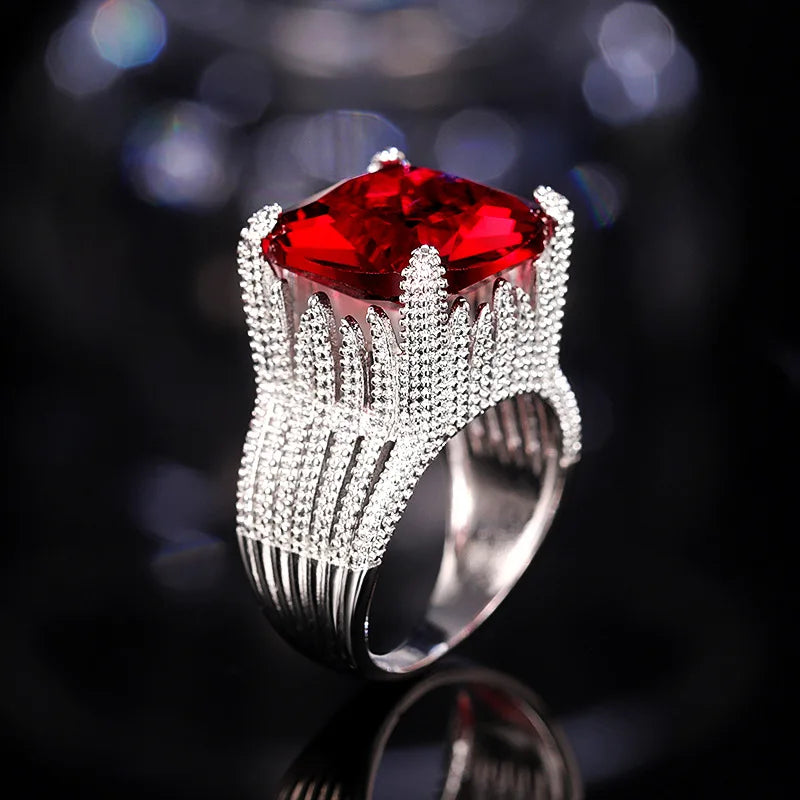 2025 New Elegant Red Corundum Ring with Extra Large Zircon Fashion Party Jewelry Flower Dove Egg Shining First