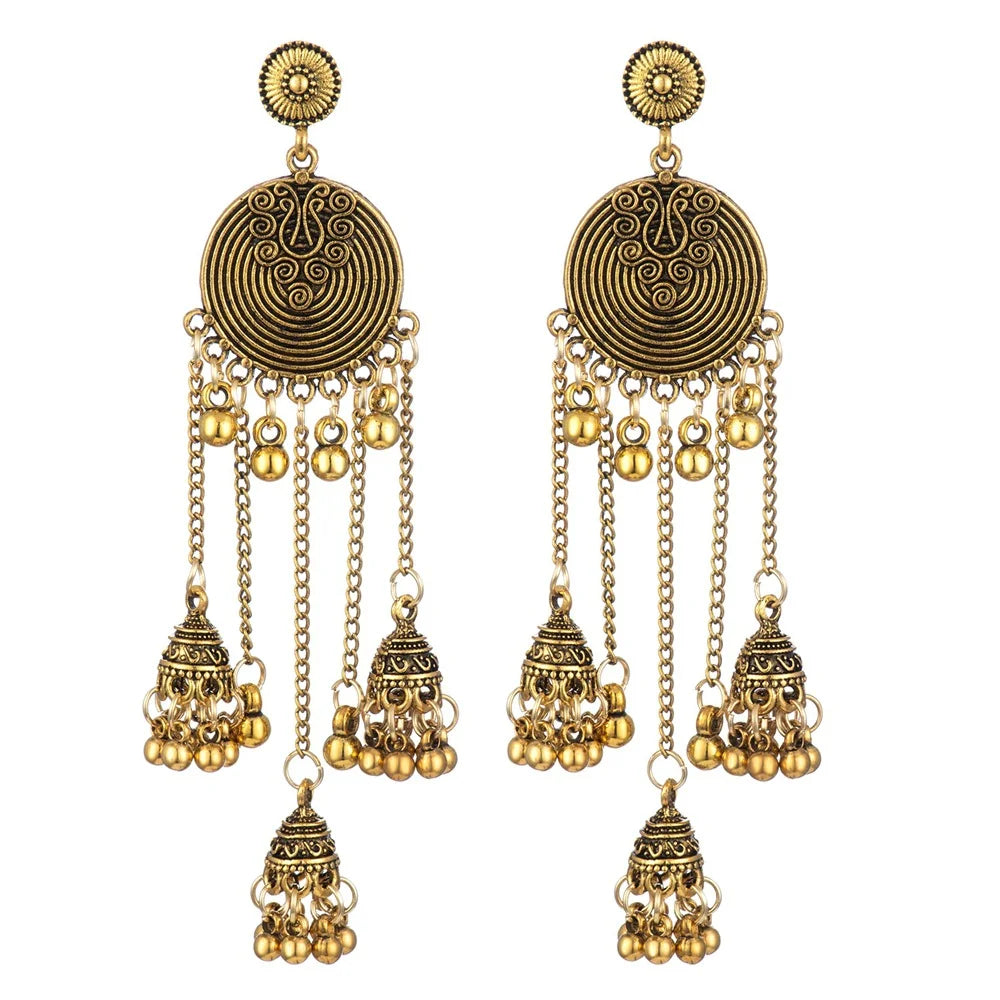 Ethnic Style Retro Geometric Round Bead Bells Tassel Long Dangling Earrings Women Indian Jhumka Jewelry