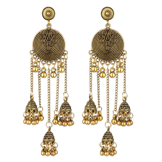 Ethnic Style Retro Geometric Round Bead Bells Tassel Long Dangling Earrings Women Indian Jhumka Jewelry