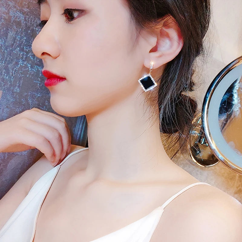 LATS Trend Rhinestone Geometric Drop Earrings for Women Korean Fashion Black Color Dangle Earring 2021 Female Elegant Jewelry
