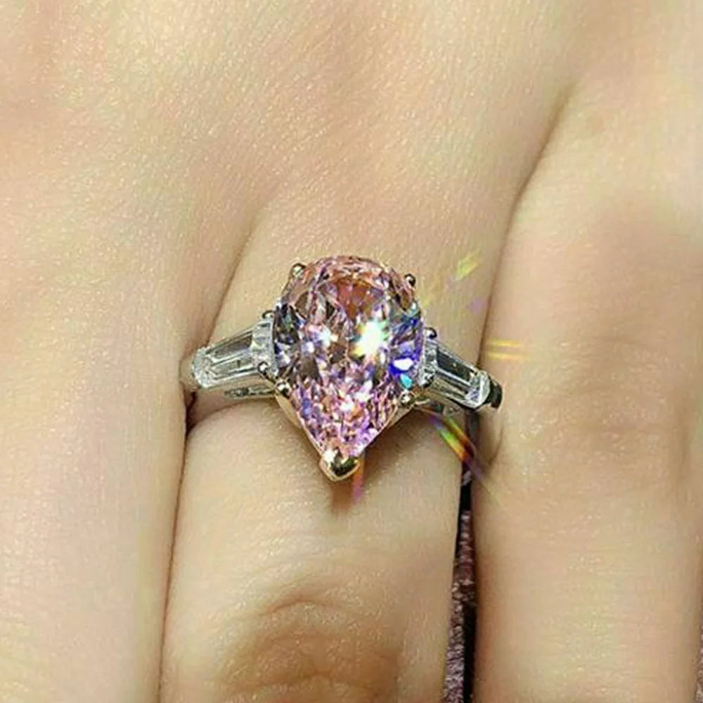 Pink Cubic Zirconia Ring Suitable for Women's Engagement Wedding Luxury Accessories Sparkling Silver Fashion Jewelry