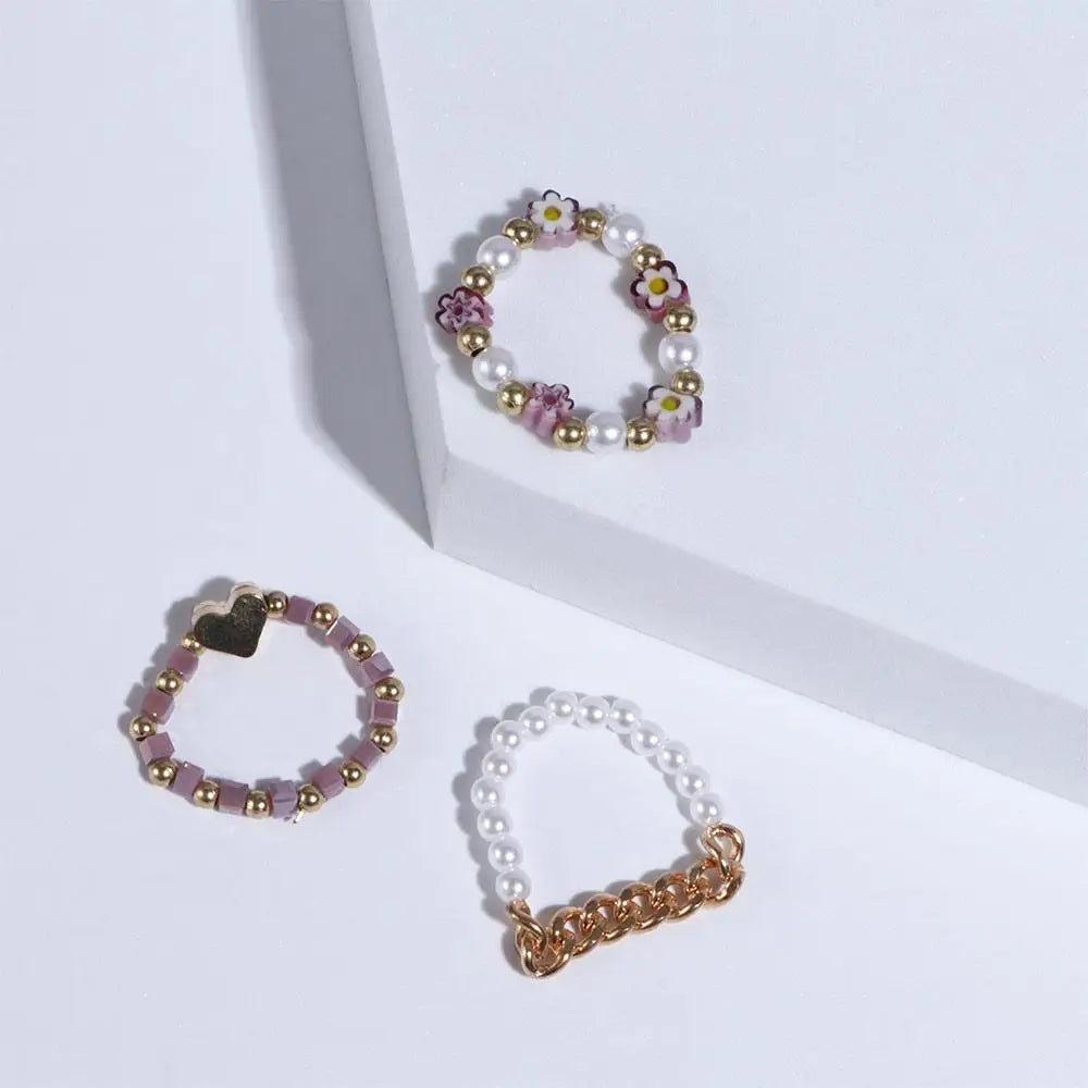 Trendy Cute Bohemia Pearl Flower Acrylic Beaded Rings Party Jewelry Finger Ring Set Women Ring