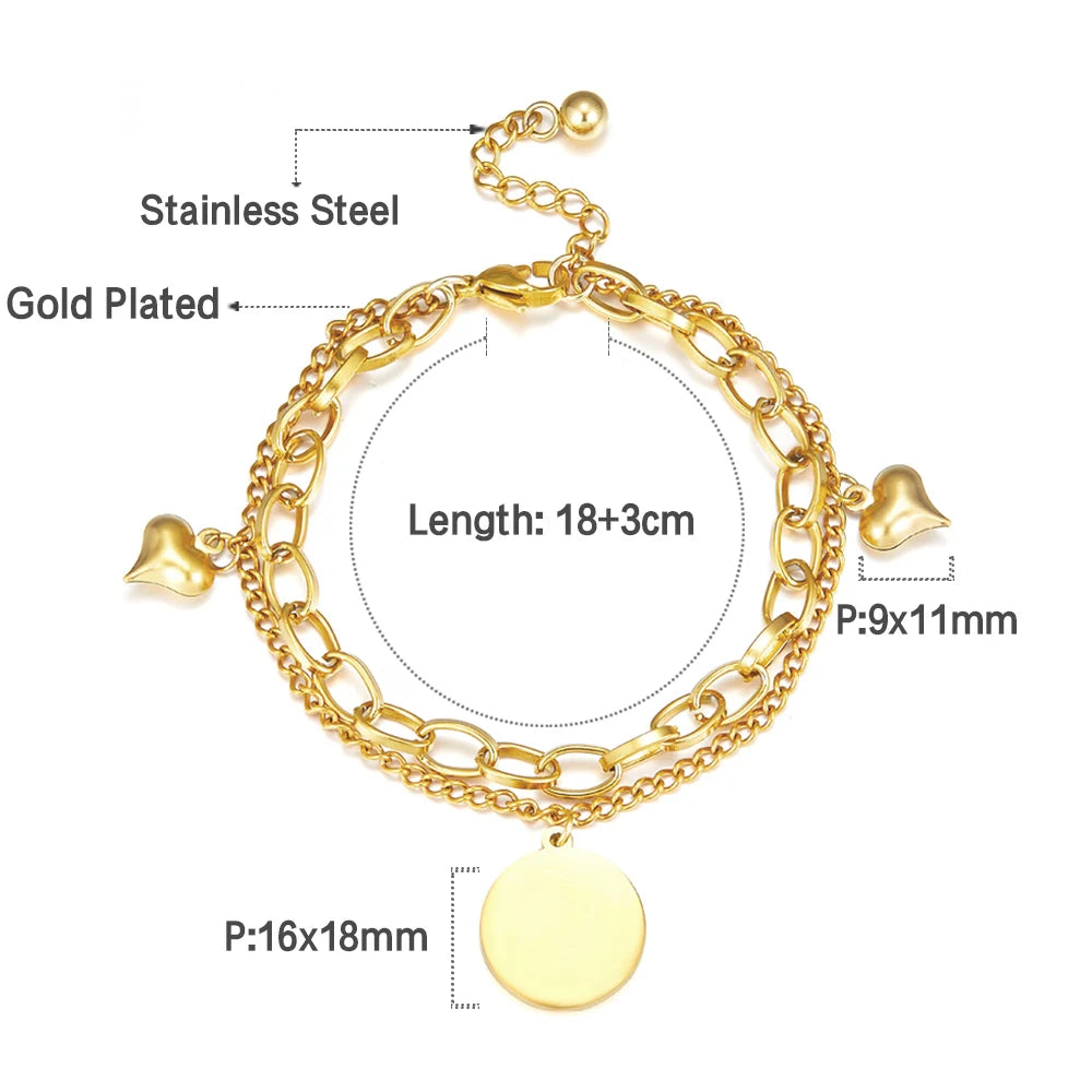LUXUSTEEL Stainless Steel Heart Coin Charm Bracelet for Women Girl Golden Color Cuban Link Chain Bracelet Jewelry Gift 20cm