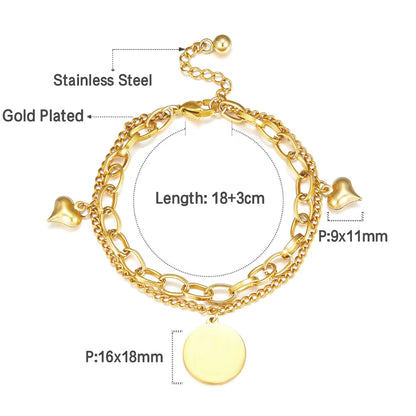 LUXUSTEEL Stainless Steel Heart Coin Charm Bracelet for Women Girl Golden Color Cuban Link Chain Bracelet Jewelry Gift 20cm