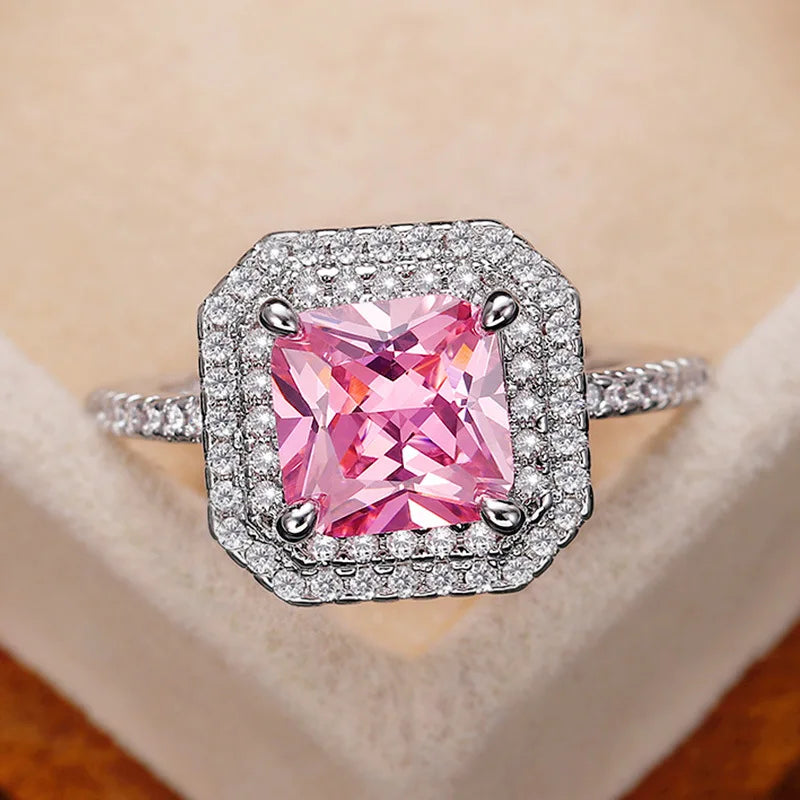 Pink Cubic Zirconia Ring Suitable for Women's Engagement Wedding Luxury Accessories Sparkling Silver Fashion Jewelry