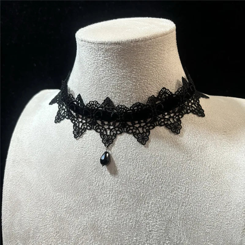 2025 New Sexy Lace Flower Necklace for Women Gothic Punk Velvet Collar Choker Black Waterdrop Pendent Necklace Strap Bow Jewelry