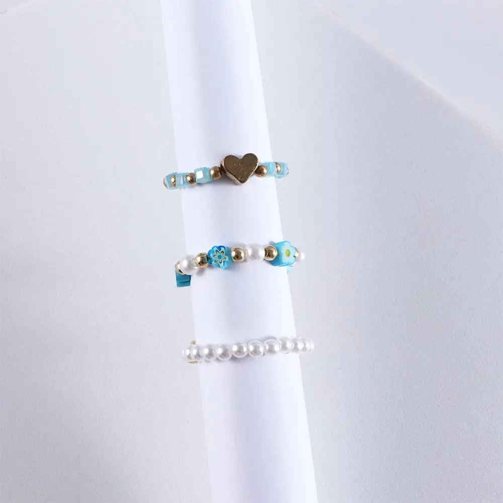 Trendy Cute Bohemia Pearl Flower Acrylic Beaded Rings Party Jewelry Finger Ring Set Women Ring