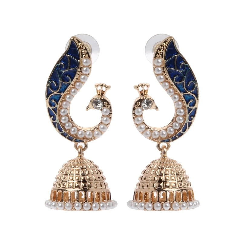 Retro Indian Bollywood Kundan Peacock Jhumka Jhumki Drop Earrings Imitation Pearls Women Gypsy Jewelry