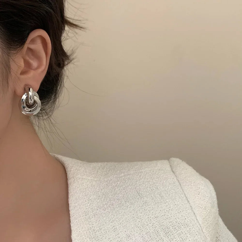 Real 925 Sterling Silver 18K Round Stud Earrings for Women Trendy Fine Jewelry Minimalist Exaggerated  Accessories