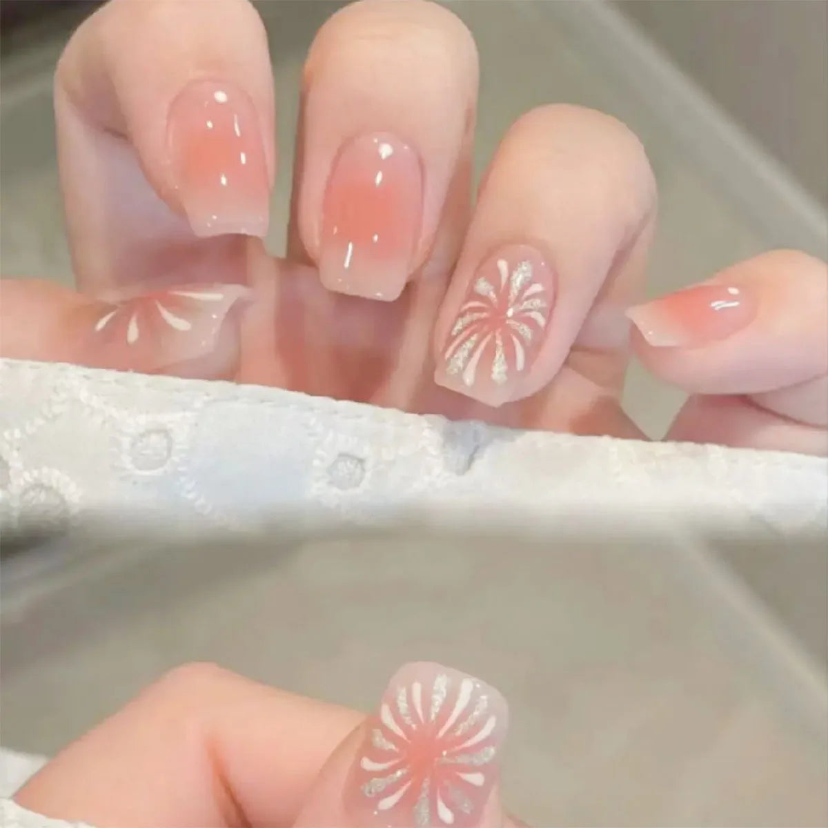 24Pcs Glitter Diamond Press On Nails Sweet Cute Girl Acrylic Nails Full Cover Short Square Fake Nails Wearable Manicure Nail Tip