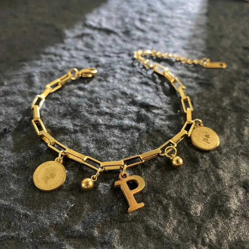 Queen Coin Letter 18K Gold-plated Stainless Steel Bracelet for Women Small Bell Pendant Adjustable Bracelet Classic Jewelry