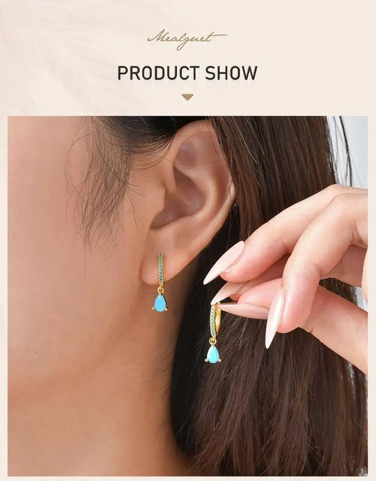 Delicate Cubic Zirconia Drop Earring for Women, Turquoise Droplets
