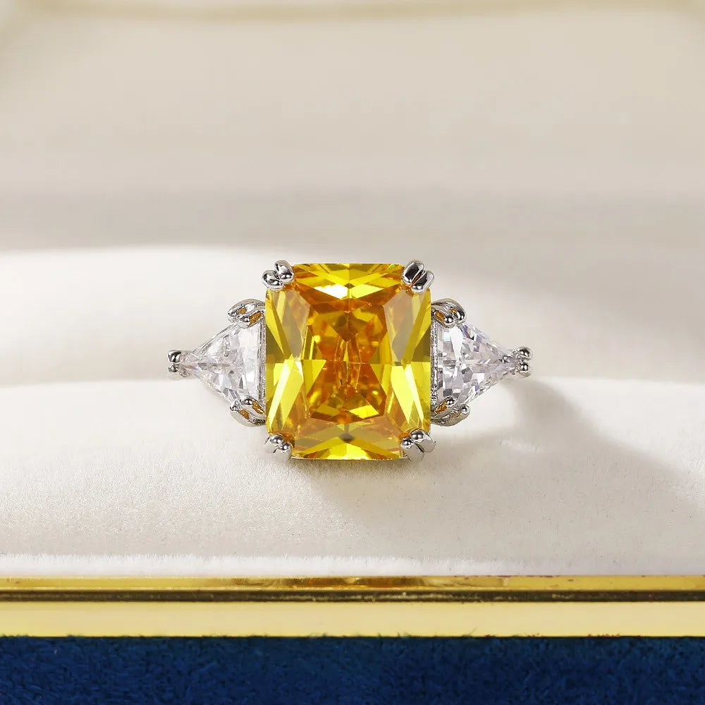 Huitan Geometric Shaped Yellow Cubic Zirconia Rings Silver Color Wedding Bands for Women Brilliant Accessories  Party Jewelry