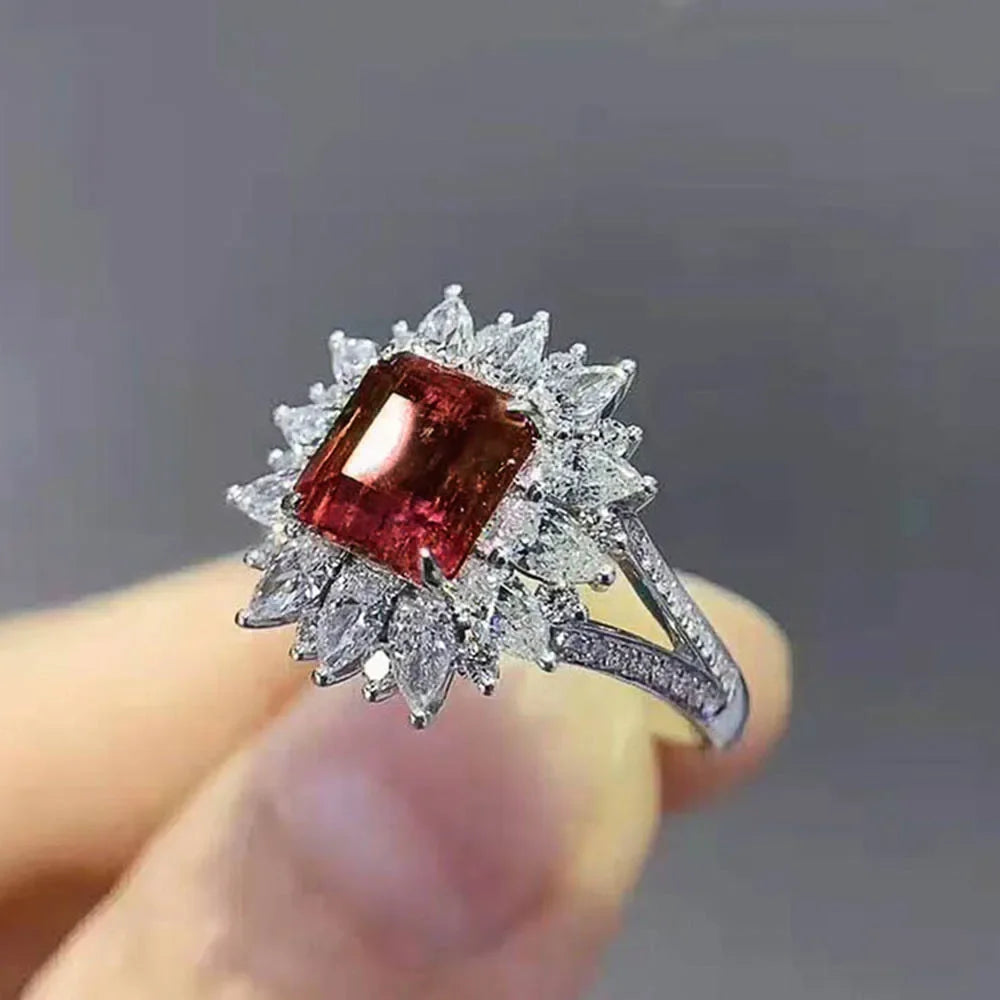 2025 New Elegant Red Corundum Ring with Extra Large Zircon Fashion Party Jewelry Flower Dove Egg Shining First