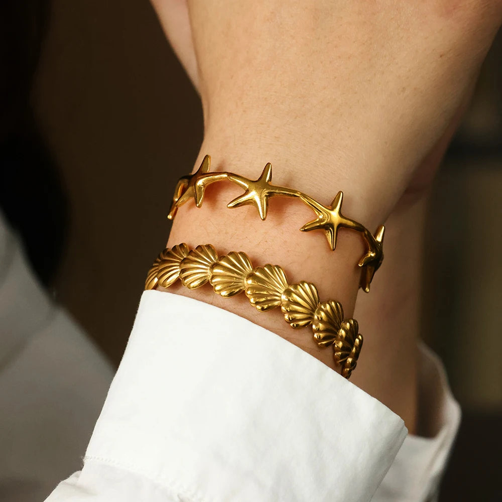 316L Stainless Steel Shell Starfish Bangles for Women Fashion Gold Silver Color Cuff Bangle Bracelet Femme Aesthetic Jewelry