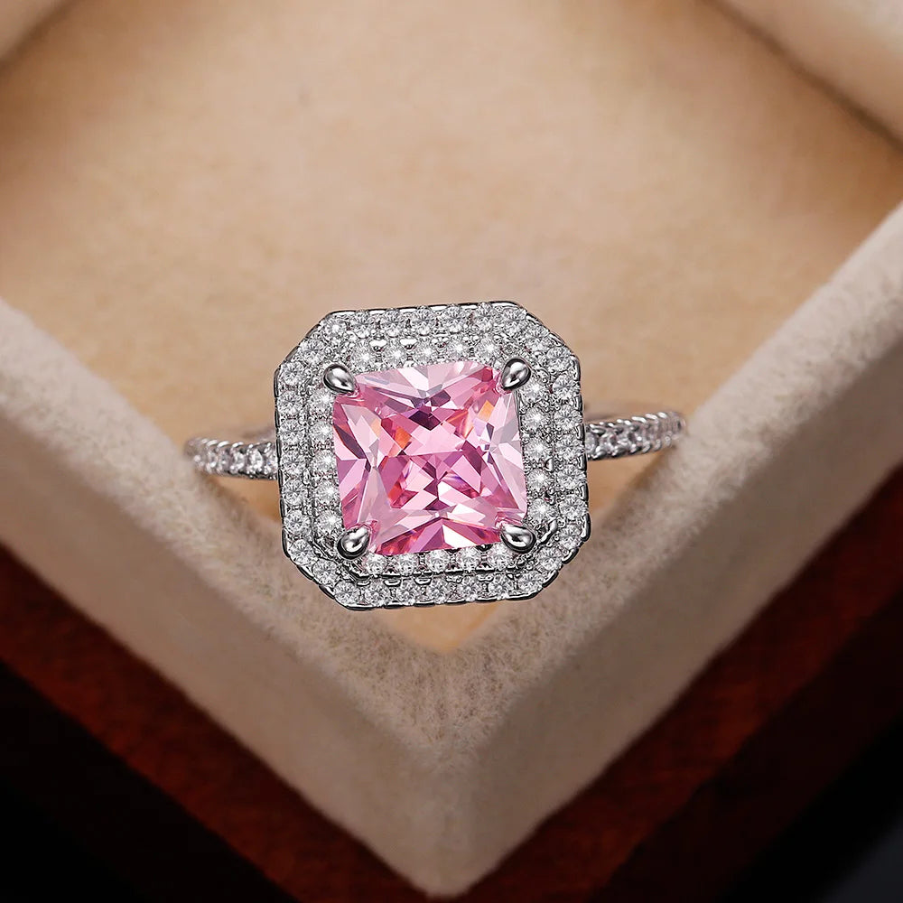 Style Pink Sparkling Zircon Princess Square Engagement Ring for Ladies and Girlfriends Luxury Proposal  Gift Fashion Jewelry