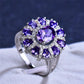 Charm Female Oval Purple Zircon Stone Engagement Big Flower Cocktail Ring Silver Color Wedding Jewelry For Women