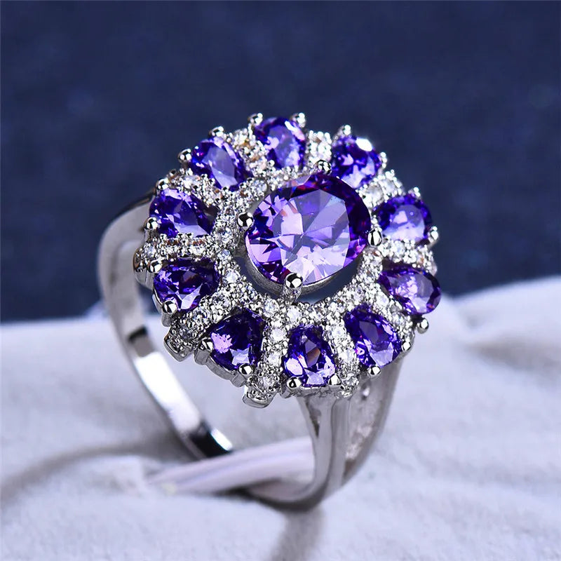 Charm Female Oval Purple Zircon Stone Engagement Big Flower Cocktail Ring Silver Color Wedding Jewelry For Women