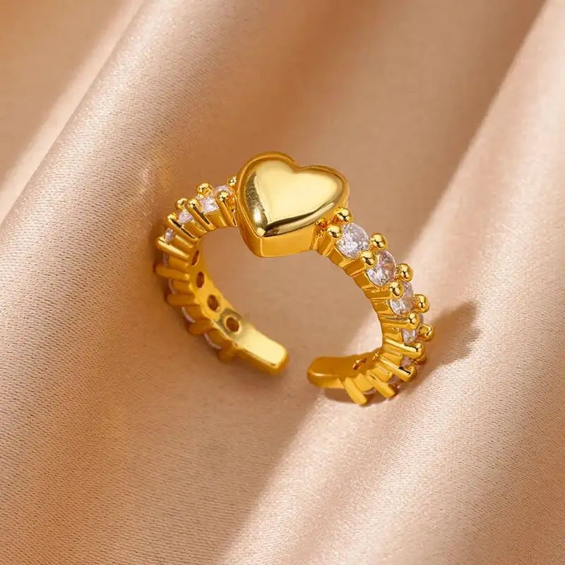 Fashion Zircon Heart Rings for Women Stainless Steel Gold Color Adjustable Wedding Couple Ring Aesthetic Jewelry bague femme