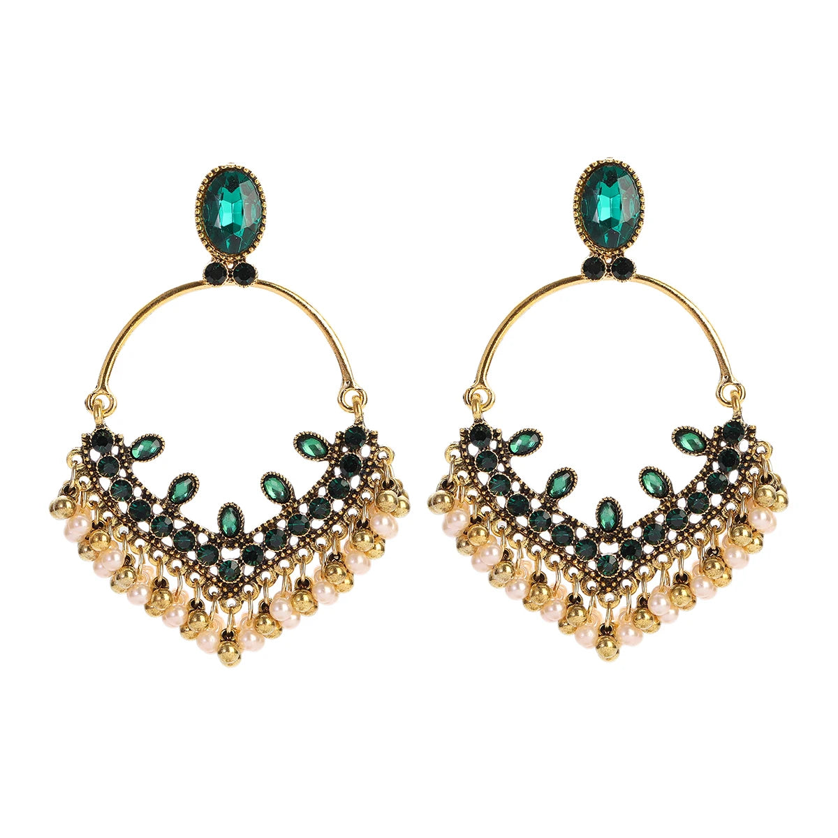 Ethnic Retro Green Sector Carved Turkish Jhumka Earrings For Women Indian Jewelry Pearl Tassel Earrings