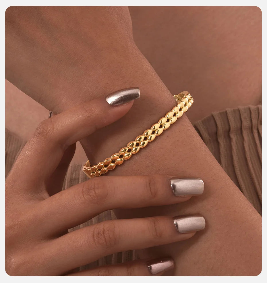 Vnox Romantic Zircon Cuff Bracelet For Women Geometric Fashion Lady Jewelry Stainless Steel Bangles Party Gold Color Never Fade