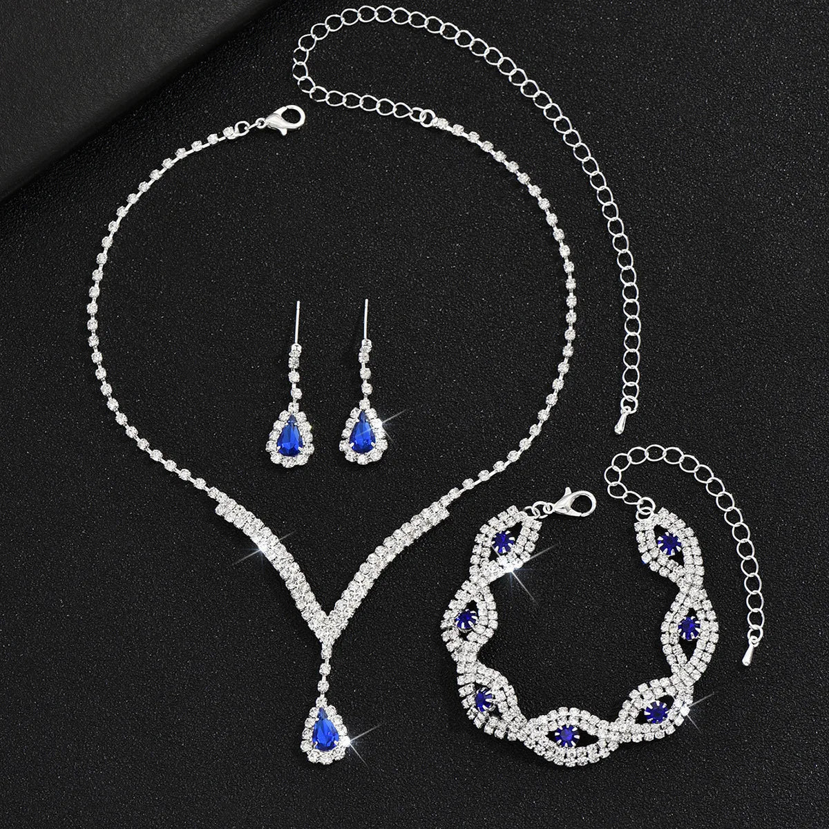 3 Pcs Luxury Rhinestone Bride Jewelry Set for Women Black Water Drop Crystal Earrings Wedding V Necklace Eye Bracelet Fashion-