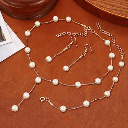 4pcs Rhinestone Jewelry Set Including Necklace, Earrings, Ring, Vintage Elegant Necklace Adorned With Faux Pearls In Petals Spri