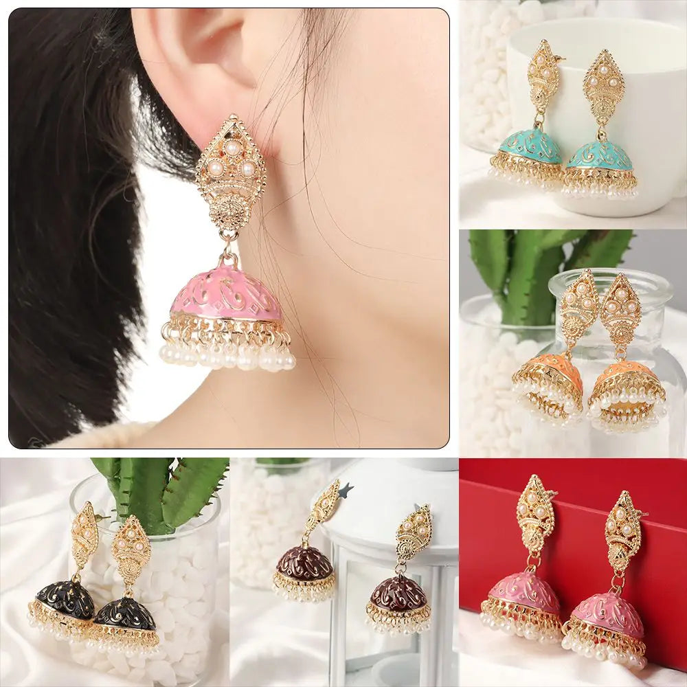 Bohemia Oorbellen Hangers Vintage Gypsy Jhumka Indian Style Earrings Flower Pearl Beads Bell Shape