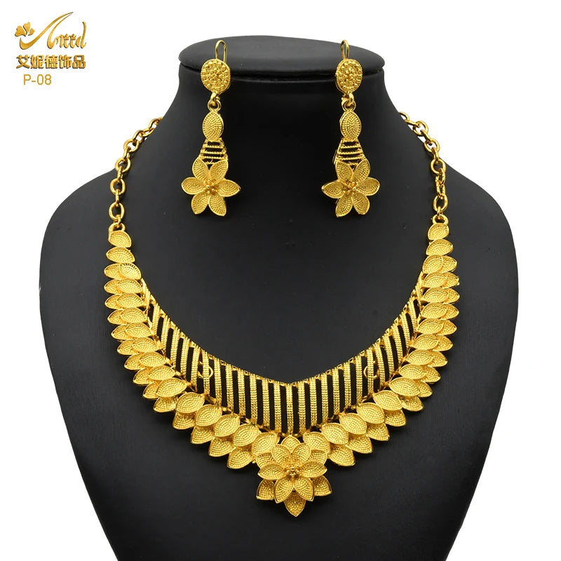 ANIID Luxury Indian Jewelry Sets for Women Party Dubai 24K Gold Color Necklace Set African Wedding Traditional Jewelry Gifts