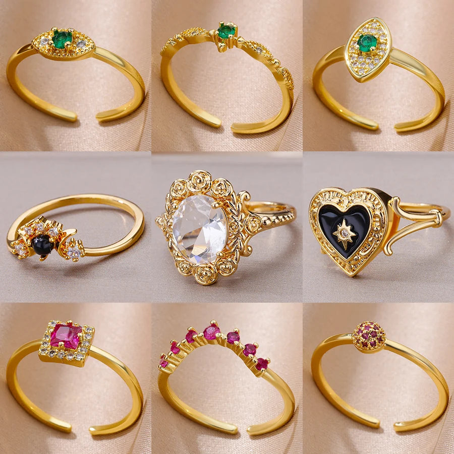 Gold Color Stainless Steel Ring for Women Colorful Cubic Zircon Heart Opening Adjustable Ring Fashion Jewelry Wedding Gift