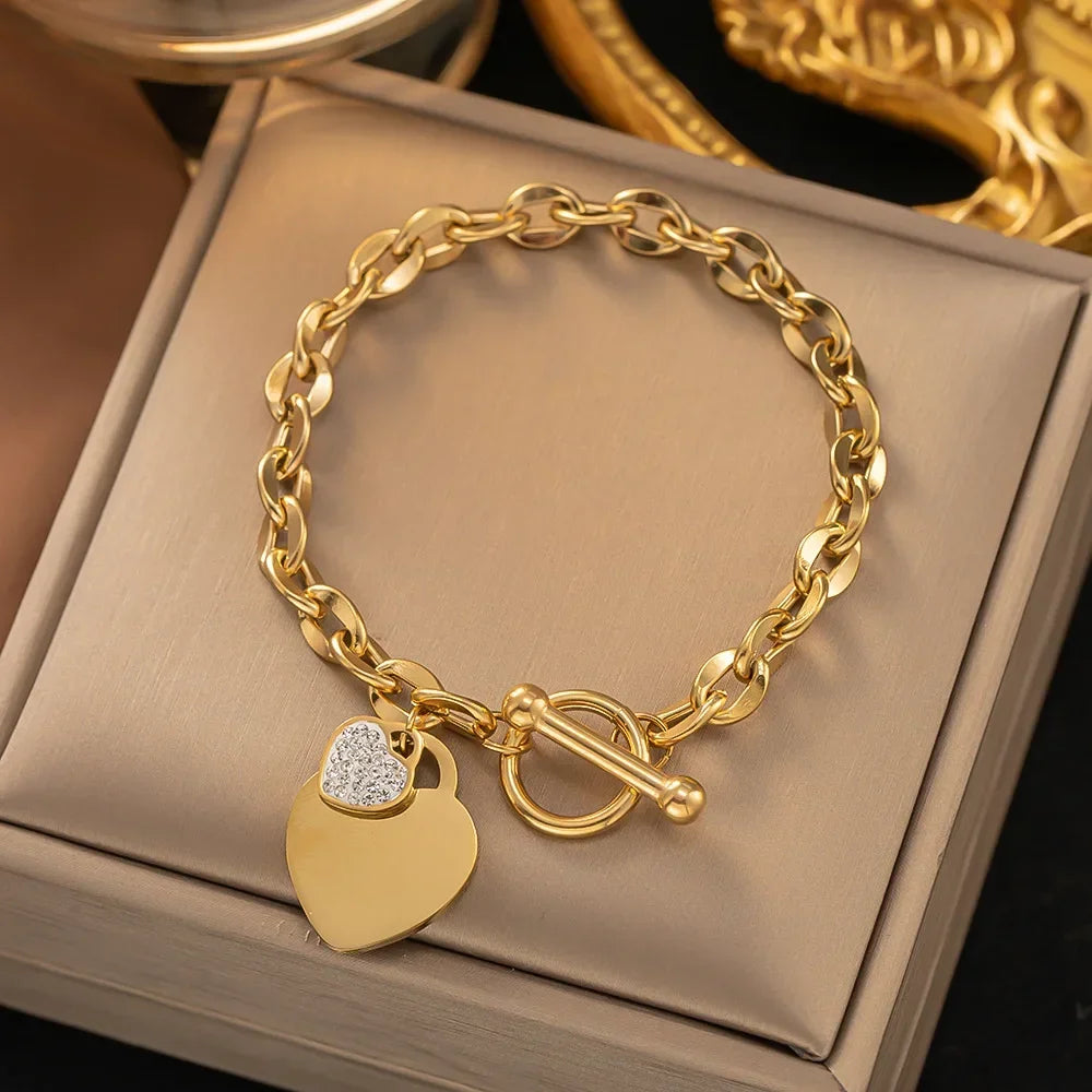 1 Pcs Bangle For Women Girl Not Fade Stainless Steel Gold Plated Waterproof Geometric Heart Pendant Bracelet Jewelry