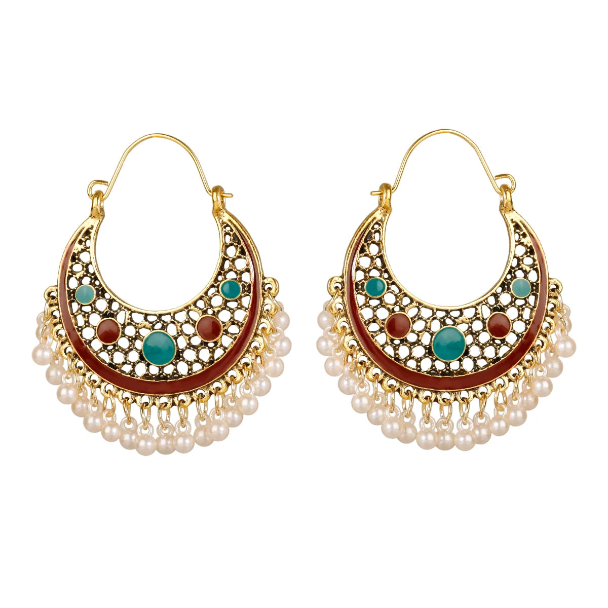 Ethnic Retro Green Sector Carved Turkish Jhumka Earrings For Women Indian Jewelry Pearl Tassel Earrings