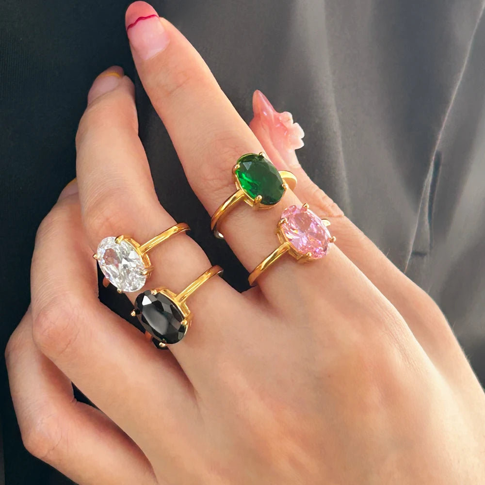 Exquisite Oval AAA Cubic Zirconia Inlaid Stainless Steel Ring Women's Transparent Gem Stone Index Finger Rust Proof Accessories