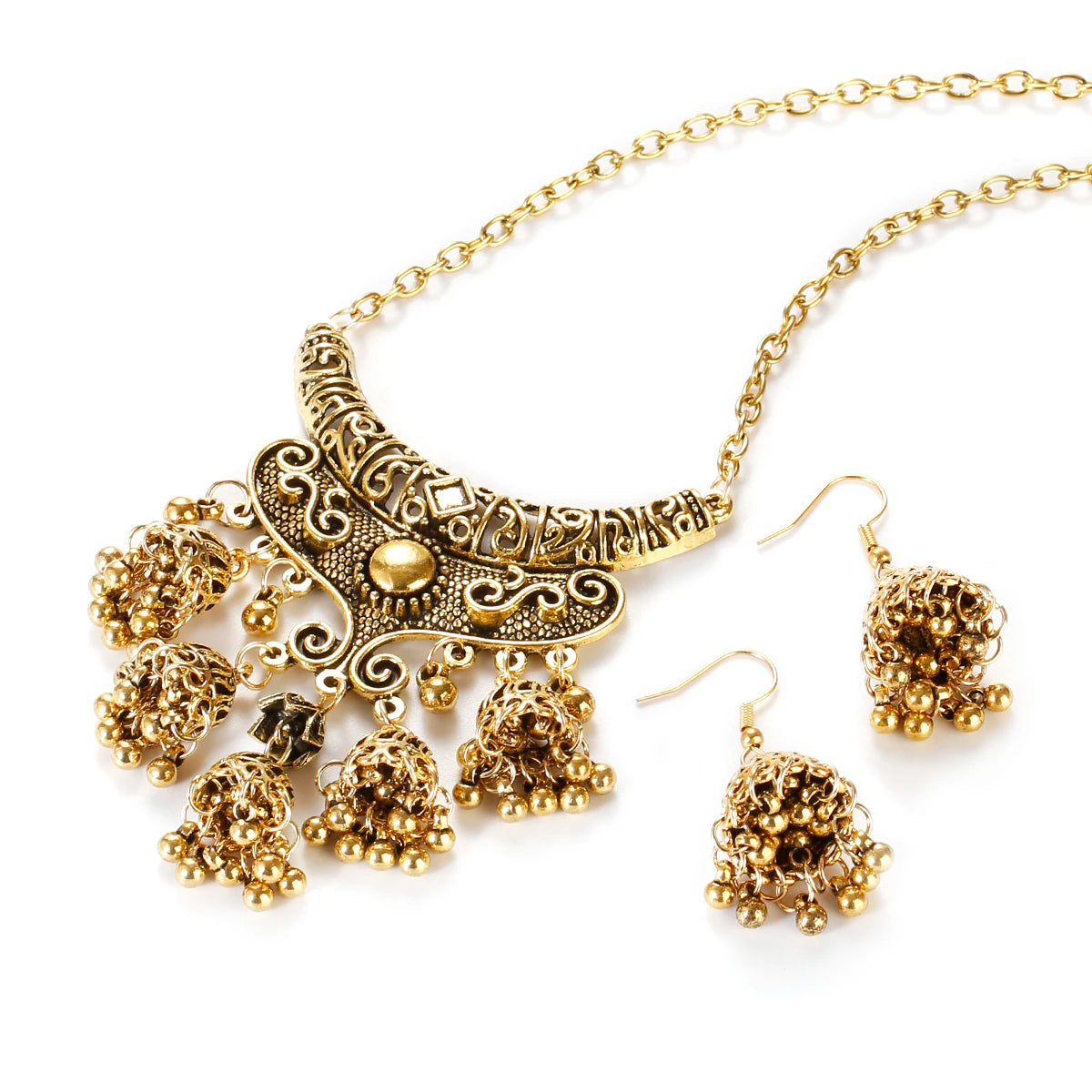 Luxury Retro Indian Jewelry Set Earring/Necklace Bijoux Wedding Jewelry Hangers Ethnic Carved Jhumka Earrings