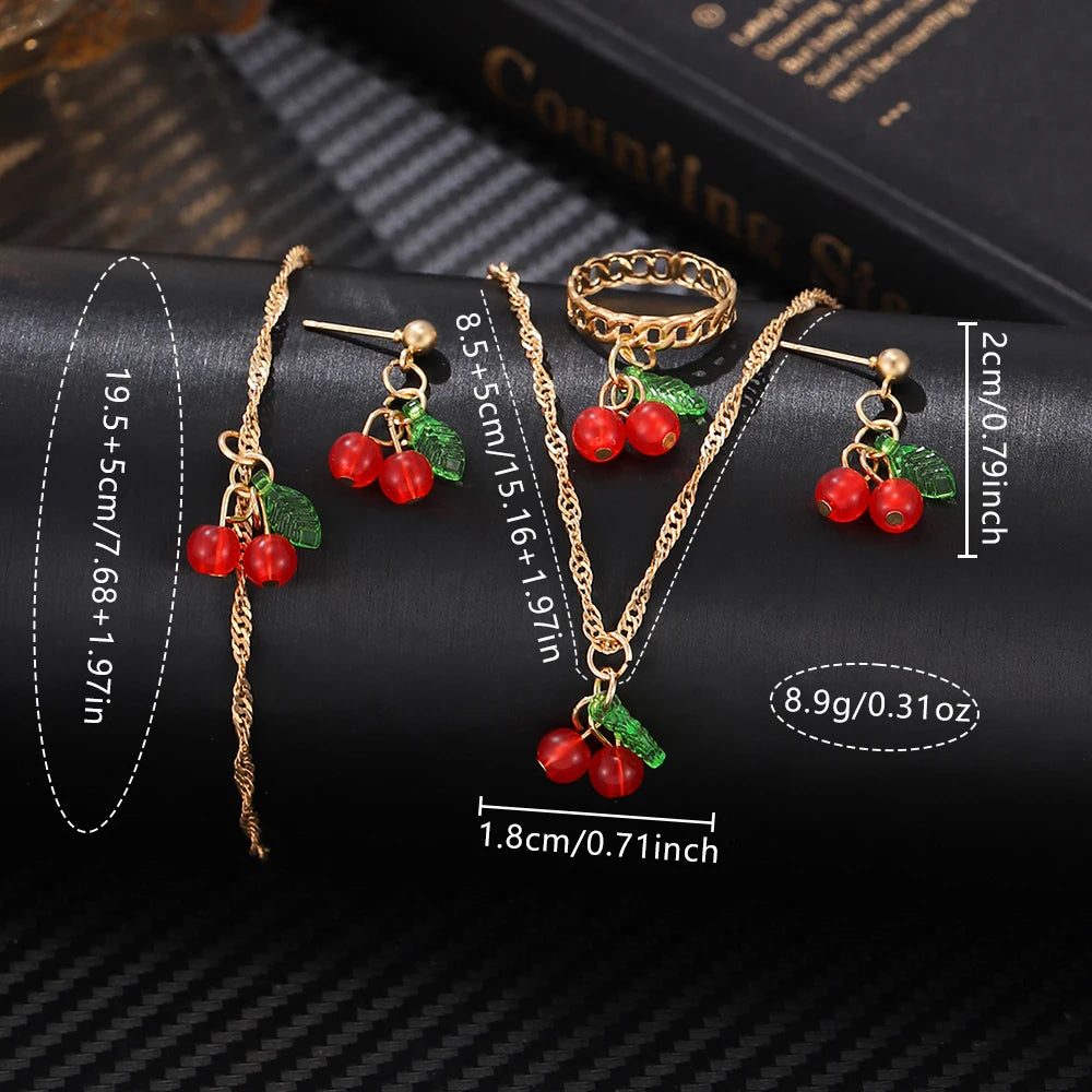 6PCS/Set Red Women's Watch With Minimalist Elements Dial Quartz Watch Latex Strap Cherry Elements Jewelry Set Girl's Gift