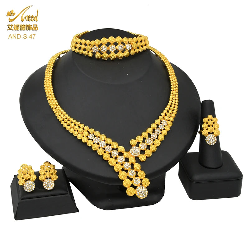ANIID Luxury Indian Jewelry Sets for Women Party Dubai 24K Gold Color Necklace Set African Wedding Traditional Jewelry Gifts
