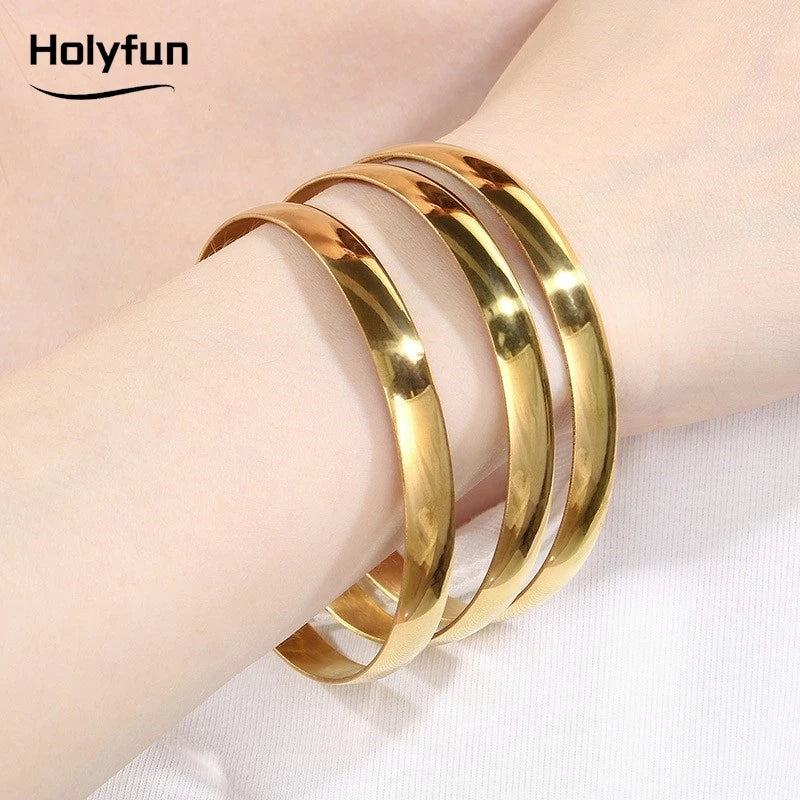 Holyfun 60mm Waterproof 316L Stainless Steel Round Smooth Bracelet Bangle Women Minimalist 18k Gold Color Texture Charm Jewelry