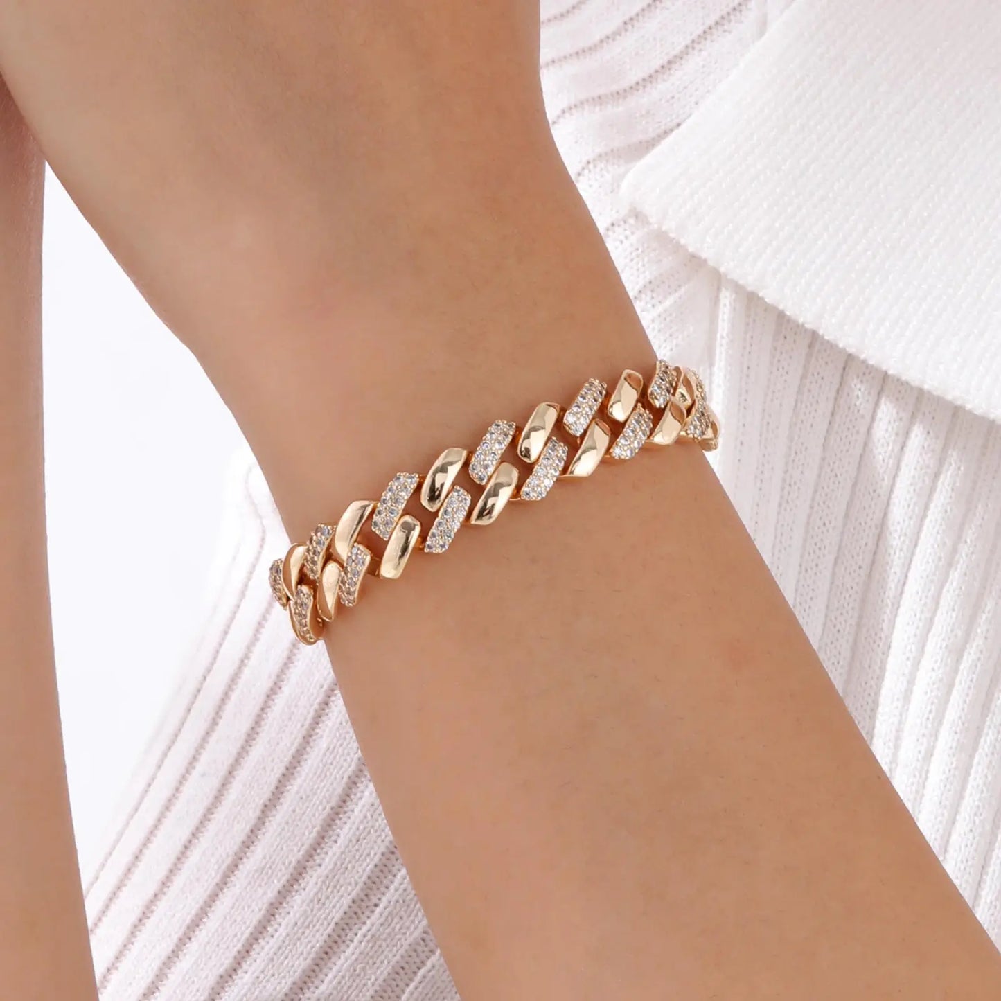 Paperclip Chain Bracelet 14K Gold Plated Cubic Zirconia Watch Strap Chunky Link Adjustable Stackable Jewelry For Women Girl Gift