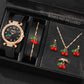 6PCS/Set Red Women's Watch With Minimalist Elements Dial Quartz Watch Latex Strap Cherry Elements Jewelry Set Girl's Gift