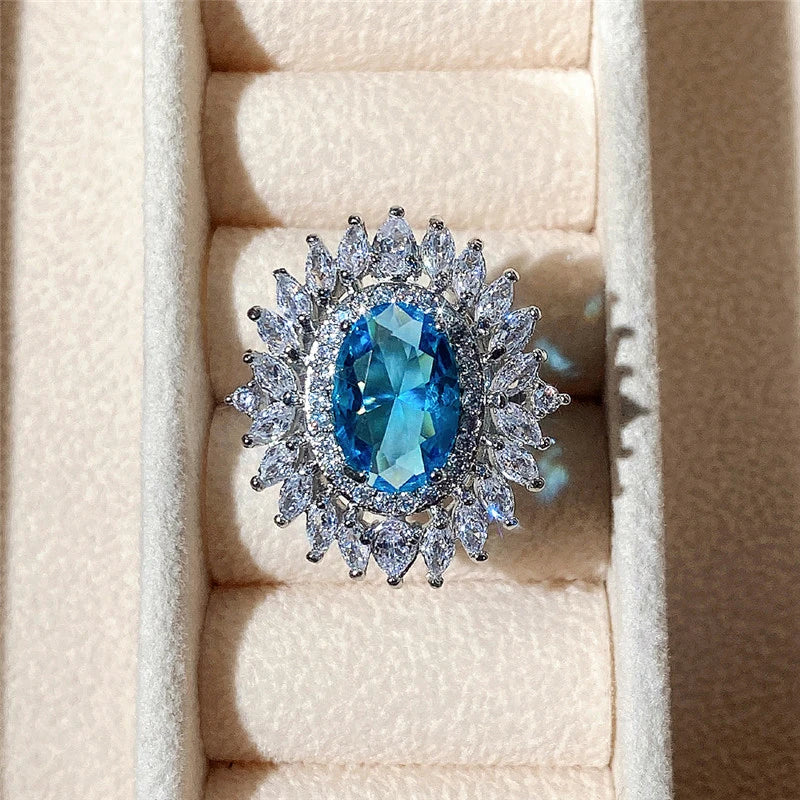 2025 New Fashion Sea Blue Cubic Zirconia Women's Wedding Ring Luxury Engagement Party Elegant   Brilliant Jewelry