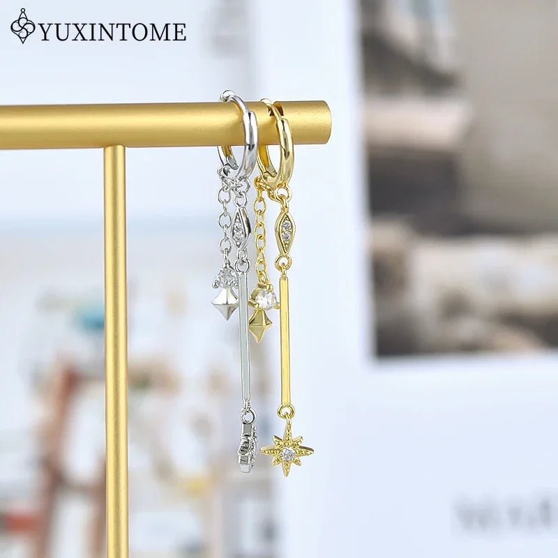 925 Sterling Silver Neddle Multi-pendant micro-embedded Chain Star Pendant Hoop Earrings For Women Fashion Party Jewelry Gifts