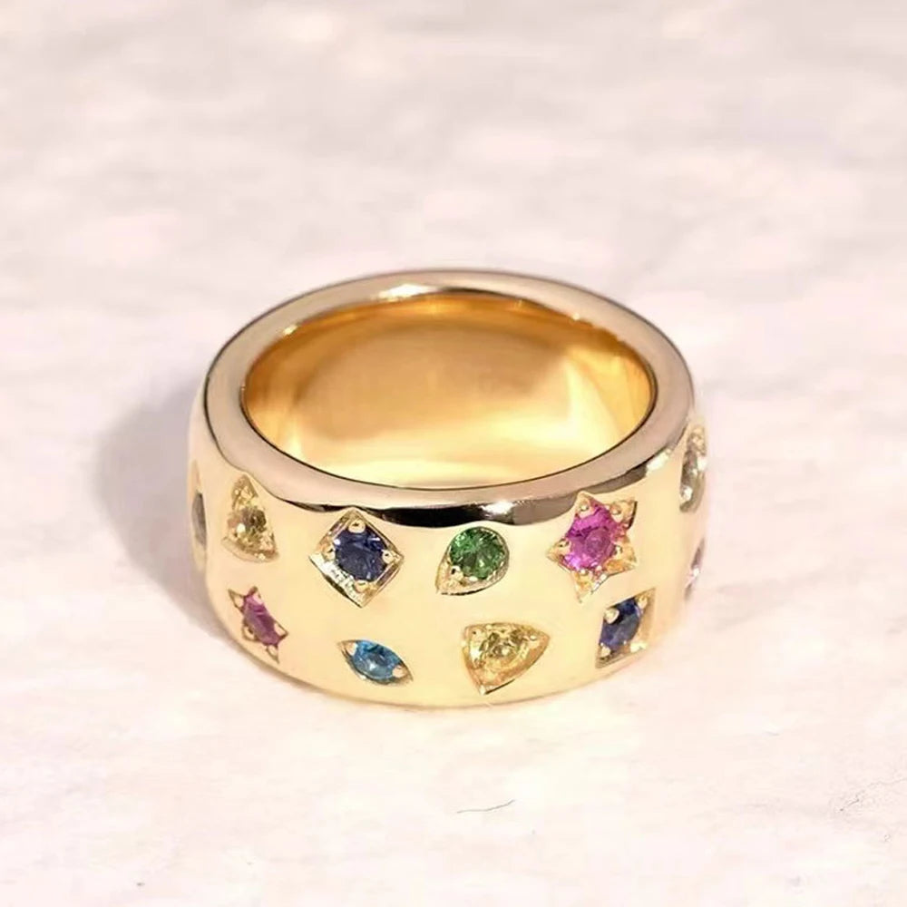 Fashion Geometric Colourful Zircon Ring Party for Women Wholesale 2025 Trend Statement Chunky Metal Finger Rings Wedding Jewelry