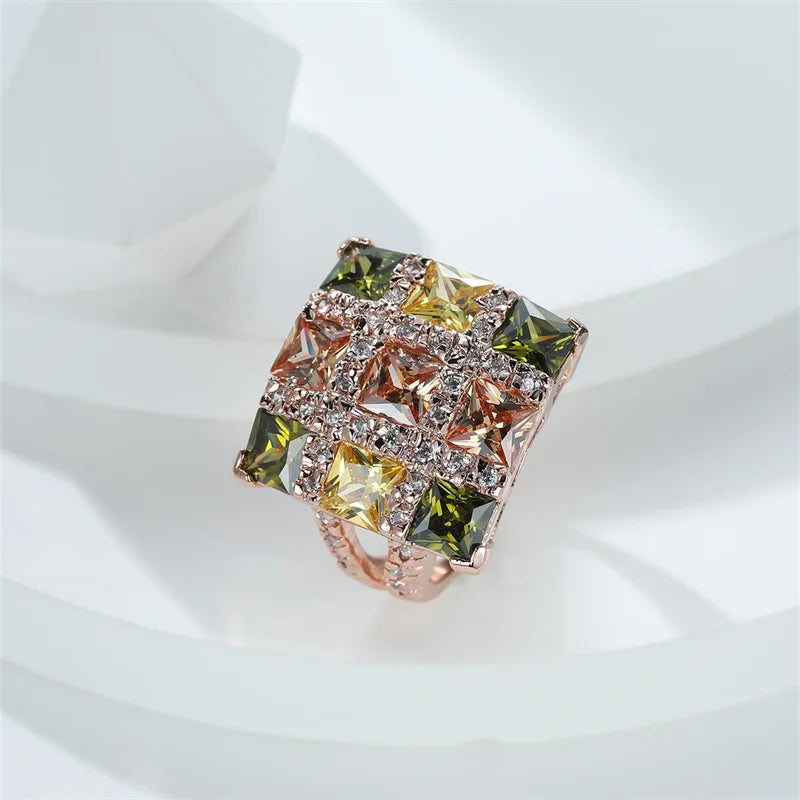 Luxury Female Multicolor Zircon Large Square Rings For Women Rose Gold Color Yellow Olive Green Stone Big Cocktail Ring Jewelry
